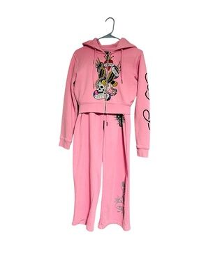 Ed Hardy Pink Hooded Zip-Up Sweatsuit with Graphic Skull Art Women’s Size Medium